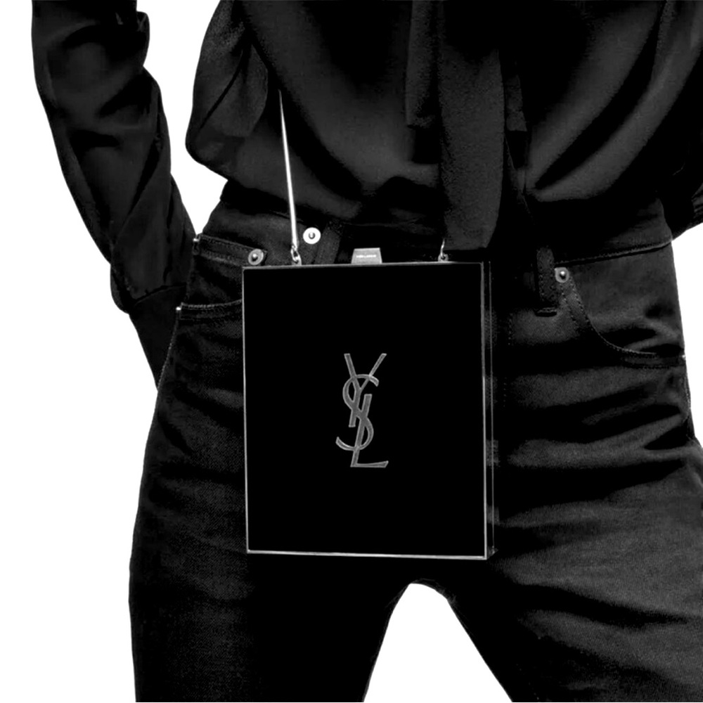 YSL Saint Laurent Italy Women's Black Tuxedo Plexiglass Clutch Box Bag Crossbody